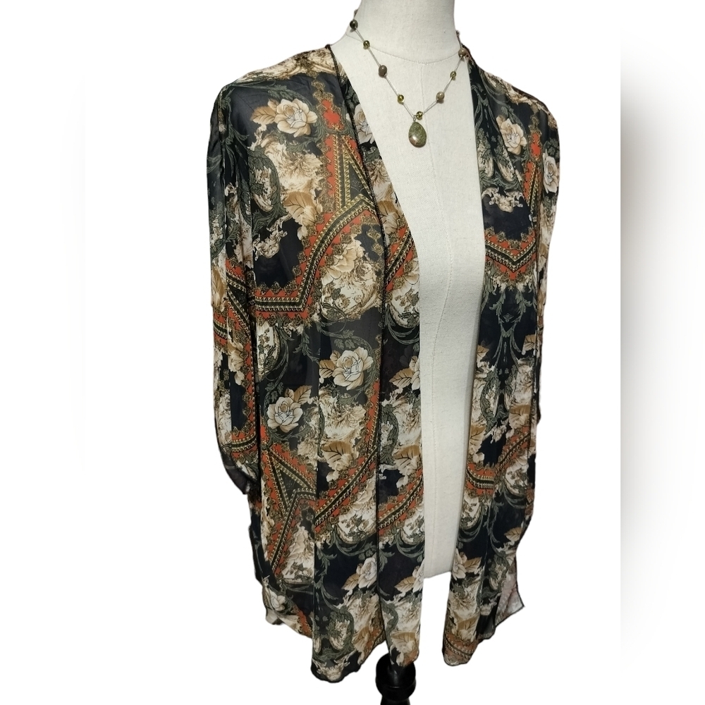 2464) AHTO  Floral Print Lightweight Semi Sheer Open Front Kimono Cardigan Sz M